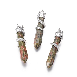 Унакит Природные Unakite большие кулоны, с латунной фурнитурой , змея с бриллиантом, Платиновый металл, 60x12 мм, отверстие : 5x7 мм