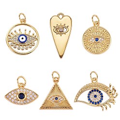 Mixed Color 6Pcs 6 Style Brass Micro Pave Cubic Zirconia Pendants, Long-Lasting Plated, with Enamel, Cadmium Free & Lead Free, Mixed Shape, Mixed Color, 10~22x10.5~20x2~3.5mm, Hole: 1.5~3.6mm, 1pcs/style