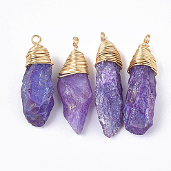 Medium Orchid Electroplate Natural Quartz Crystal Pendants, with Brass Findings, Nuggets, Golden, Medium Orchid, 40~64.5x10~21x6~17mm, Hole: 3~4mm