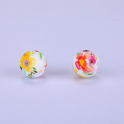Yellow Printed Round with Flower Pattern Silicone Focal Beads, Yellow, 15x15mm, Hole: 2mm