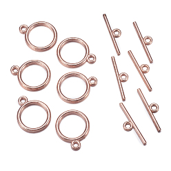 Rose Gold Tibetan Style Toggle Clasps, Flat Round, Cadmium Free & Nickel Free & Lead Free, Rose Gold, Flat Round: 15x2mm, Hole: 2mm, Bar: 21mm, Hole: 2mm