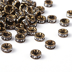Crystal Brass Rhinestone Spacer Beads, Grade AAA, Straight Flange, Nickel Free, Antique Bronze Metal Color, Rondelle, Crystal, 6x3mm, Hole: 1mm