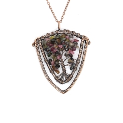 Red Jasper Natural Red Jasper Brass Wire Wrapped Pendants, with Alloy Fingdings, Triangle with Tree, Antique Bronze, 53x48mm