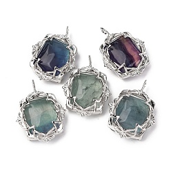 Флюорит Натуральные красочные подвески из флюорита, латунь цветок прелести, стойки покрытие, долговечный, без свинца и без кадмия, платина, 36x26.5x11 мм, отверстие : 3x4.5 мм
