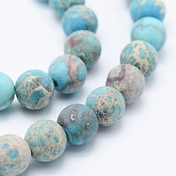 Turquoise Natural Imperial Jasper Beads Strands, Dyed, Frosted, Round, Turquoise, 6mm, Hole: 1mm, about 63pcs/strand, 15.3 inch(39cm)