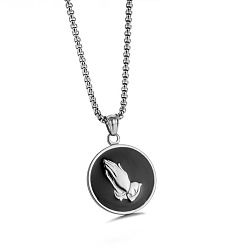 Нержавеющая Сталь Цвет 304 ожерелья из нержавеющей стали, черные, плоские, круглые, с молящейся рукой, для мужчин, цвет нержавеющей стали, 23.62 дюйм (60 см)