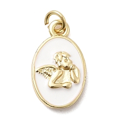 Белый Латунь эмаль подвески, овальные с ангелом, стойки покрытие, долговечный, без кадмия и без свинца, реальный 18 k позолоченный, с целью перехода в кольце, белые, 15.5x9.5x2.5 мм, отверстие : 3 мм