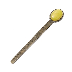 Yellow Jade Tibetan Style Alloy Bookmark Rulers, Oval Natural Yellow Jade Bookmarks, Antique Bronze, 134x22.5x8mm