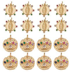 Real 18K Gold Plated 16Pcs 2 Styles Brass Micro Pave Clear Cubic Zirconia Charms, with Jump Rings, Flat Round, Real 18K Gold Plated, 8pcs/style