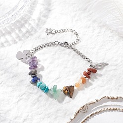 Смешанные камни Браслеты из бусин с натуральными и синтетическими драгоценными камнями, 304 Браслеты из витых цепей из нержавеющей стали для женщин, угол и крылья, 7 дюйм (17.9 см)