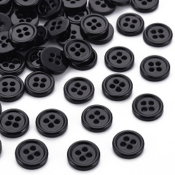 Black 4-Hole Shell Buttons, Flat Round, Black, 11.5x2mm, Hole: 1.8mm