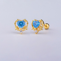 Сердце Серьги-гвоздики с синим кубическим цирконием из латуни и паве, с 316 l хирургическими штифтами из нержавеющей стали, золотые, сердце, Длина стержня: 6мм, штифты : 0.8 мм