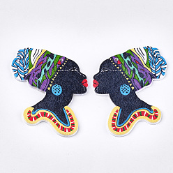 Colorful Left and Right Printed Wooden Big Pendants, Dyed, Girl, Colorful, 55x50x2.5mm, Hole: 1.8mm