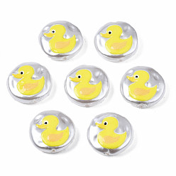 Yellow 3D Printed ABS Plastic Imitation Pearl Beads, Flat Round with Duck, Yellow, 16x5mm, Hole: 0.9mm