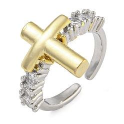 Cross Открытые манжеты из латуни с микропаве и прозрачным фианитом, для женщин, платиной и золотом, крестик, регулируемый, крест: 15x13 мм