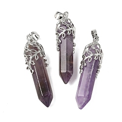 Аметист Подвески из натурального аметиста , пулевые чары, с латунной отделкой в виде листа, без кадмия и без свинца, 44~46x11.5~12x12 мм, отверстие : 8x5 мм