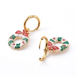 Mixed Color Christmas Theme 304 Stainless Steel Huggie Hoop Earrings, with Alloy Enamel Pendants, Mixed Shapes, Golden, Mixed Color, 30~32mm, Pin: 1mm, 3 pairs/set