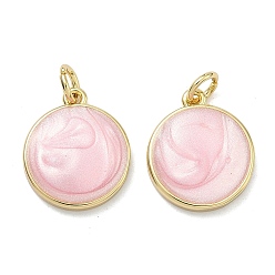Pink Латунные подвески, круглые подвески, с эмалью, реальный 18 k позолоченный, без кадмия и без свинца, стойки покрытие, долговечный, розовые, 16.5x14x3 мм, отверстие : 3.4 мм, Перейти кольцо: 5x1 мм