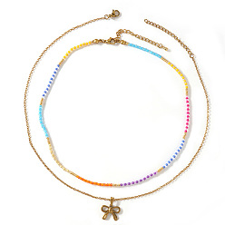 Bowknot 304 Подвеска из нержавеющей стали, двухслойное ожерелье из разноцветных стеклянных бусин для повседневного ношения, золотые, бантом, 16.54 дюйм (42 см)