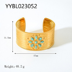 Настоящее золото 18K Браслеты-манжеты из нержавеющей стали для женщин, цветок, синтетические бирюзовые, реальный 18 k позолоченный