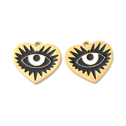 Черный 304 нержавеющей стальной эмали подвески, сердце с оберегами от сглаза, ионное покрытие (ip), реальный 18 k позолоченный, чёрные, 15x16x1.5 мм, отверстие : 1.5 мм