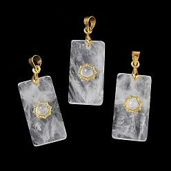 Хрусталь Ограненные подвески из натуральных кристаллов кварца, Прямоугольный кристалл из горного хрусталя с подвесками в виде солнца, с подставкой и фурнитурой из латуни золотистого оттенка., 25x13x7 мм, отверстие : 5x3.5 мм