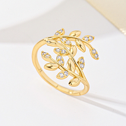 Золотой Кольца для женщин с микропаве из латуни и кубическими цирконами, лист, золотые, размер США 7 (17.3 мм)