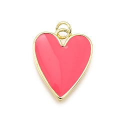 Светло-Вишневый Латунь эмаль подвески, с целью перехода в кольце, стойки покрытие, долговечный, без свинца и без кадмия, реальный 18 k позолоченный, шарма сердца, светло-вишневый, 21x17x2 мм, отверстие : 3.2 мм
