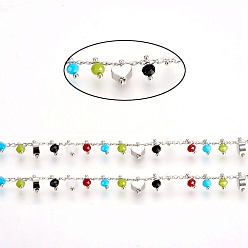 Разноцветный Латунная витая цепочка для бордюров, с латунными бусинами и гранеными стеклянными бусинами, долговечный, пайки, с катушкой, сердце, красочный, 2.5x1.5x0.5 мм, борт: 6x3.5 мм, сердце: 7.5x5x2.5 мм, около 32.8 футов (10 м) / рулон