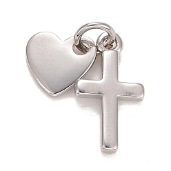 Платина Подвески из латуни с покрытием из настоящего золота 18k, с прыжковых колец, долговечный, без свинца и без кадмия, крест и сердце, платина, Перейти кольцо: 4.6x0.8 мм, 3 мм внутренним диаметром, Сердце: 8x8x1 mm, крест: 15x8x1.5 мм