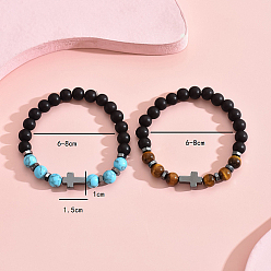 Stainless Steel Color 2Pcs 2 Styles Natural & Synthetic Mixed Gemstone Beaded Stretch Bracelets Set, 304 Stainless Steel Cross Stackable Bracelets, Stainless Steel Color, Inner Diameter: 2-3/8~3-1/8 inch(6~8cm), 1pc/style