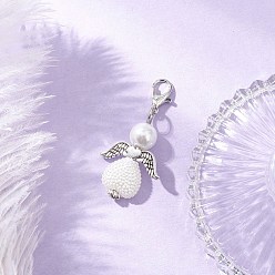 Белый Подвеска в форме сердца ангела из стекла и АБС-пластика с имитацией жемчуга, с цинковым сплавом застежками омаров коготь, белые, 41 мм