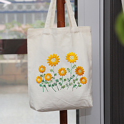 White DIY Sunflower Pattern Tote Bag Embroidery Kit, including Embroidery Needles & Thread, Cotton Fabric, Plastic Embroidery Hoop, White, 390x340mm
