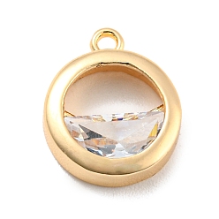 Real 14K Gold Plated Brass Pave Clear Cubic Zirconia  Charms, Flat Round, Real 14K Gold Plated, 12x10x3mm, Hole: 1mm