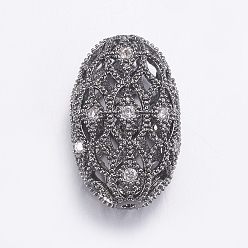 Gunmetal Brass Micro Pave Cubic Zirconia Beads, Cadmium Free & Lead Free, Long-Lasting Plated, Hollow Oval, Clear, Gunmetal, 19x11.5x7mm, Hole: 1mm