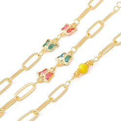 Colorful Handmade Brass Butterfly & Oval Link Chain, with Glass Beaded, Real 18K Gold Plated, Lead Free & Cadmium Free, Soldered, with Spool, Colorful, 18.5x4.5mm, 11x4.5x0.5mm, 10.5x7x2mm
