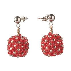 Crimson TOHO Japanese Seed Beads Dangle Stud Earrings, with Brass Ear Nuts, Crimson, 28mm, Pin: 0.8mm