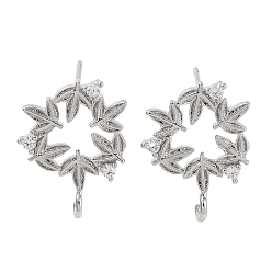 Платина Серьги-гвоздики из латуни с микропаве из кубического циркония, долговечный, без свинца и без кадмия, лист, платина, 17x13 мм, отверстие : 1.4 мм, штифты : 12x0.7 мм