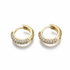 Clear Brass Micro Pave Cubic Zirconia Huggie Hoop Earrings, Real 18K Gold Plated, Nickel Free, Ring, Clear, 13x15.5x4mm, Pin: 0.8mm