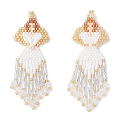 Белый Подвески-ангелы из стеклянных бисеров, со стеклом и кисточками, белые, 67x24x4 мм, отверстие : 2.5 мм