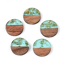 Бледно-бирюзовый Подвески из смолы и ореха, плоско-круглые, золотая фольга, бледные бирюзовая, 18x3~3.5 мм, отверстие : 2 мм