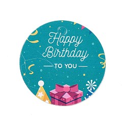 Others Happy Birthay Kraft Paper Gift Tags, Flat Round, Gift Box Pattern, 3x0.02cm, Hole: 3mm, about 100pcs/bag