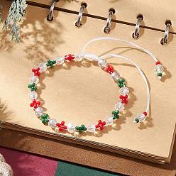 Разноцветный Рождественский браслет ручной работы из стеклянных бусинок и стеклянных семян, регулируемый плетеный нейлоновый браслет для женщин, цветок, красочный, внутренний диаметр: 2~3-1/4 дюйм (5.2~8.2 см)