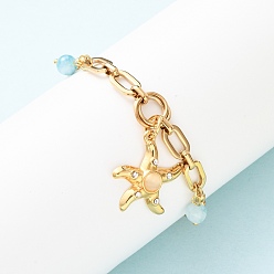 Настоящее золото 18K Браслеты с подвесками из нержавеющей стали в виде морских звезд, браслеты-цепочки с шариками и скрепками для женщин, с кошачий глаз, стекло и стразы, ионное покрытие (ip), реальный 304 k позолоченный, 18 дюйм (7 см)