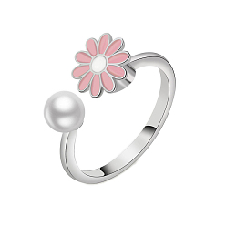 Pink Daisy Rotatable Cuff Ring for Calming Worry Meditation, Brass Enamel Fidget Spinner Open Ring, Platinum, Pink, 9mm, Inner Diameter: 18mm