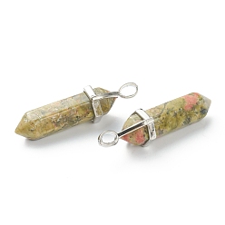 Unakite Natural Unakite Pendants, with Platinum Tone Brass Findings, Bullet, 39.5x12x11.5mm, Hole: 4.5x2.8mm