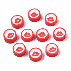 Red Handmade Polymer Clay Beads, Flat Round with Mouth, Red, 9.5~10x4~4.5mm, Hole: 1.6mm