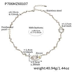 Stainless Steel Color 304 Stainless Steel Pave Clear Cubic Zirconia Horse Eye Pendant Wavy Bar Link Chain Necklaces with Natural Freshwater Pearls for Women, White, Stainless Steel Color, 17.72 inch(45cm)