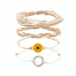Цвет Древесины 4шт. набор браслетов из плетеных бусин из сплава цветов и кольца и вощеного шнура, античное серебро, деревесиные, 11 дюйм (28 см)