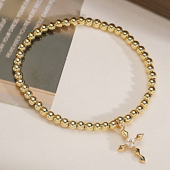 Настоящее золото 18K Браслеты с подвесками из латуни с прозрачным кубическим цирконием, круглые бусины эластичные браслеты для женщин, крестик, реальный 18 k позолоченный, 7.87 дюйм (20 см)